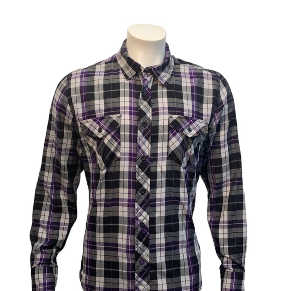 OP Ocean Pacific Purple Black White Plaid Shirt M